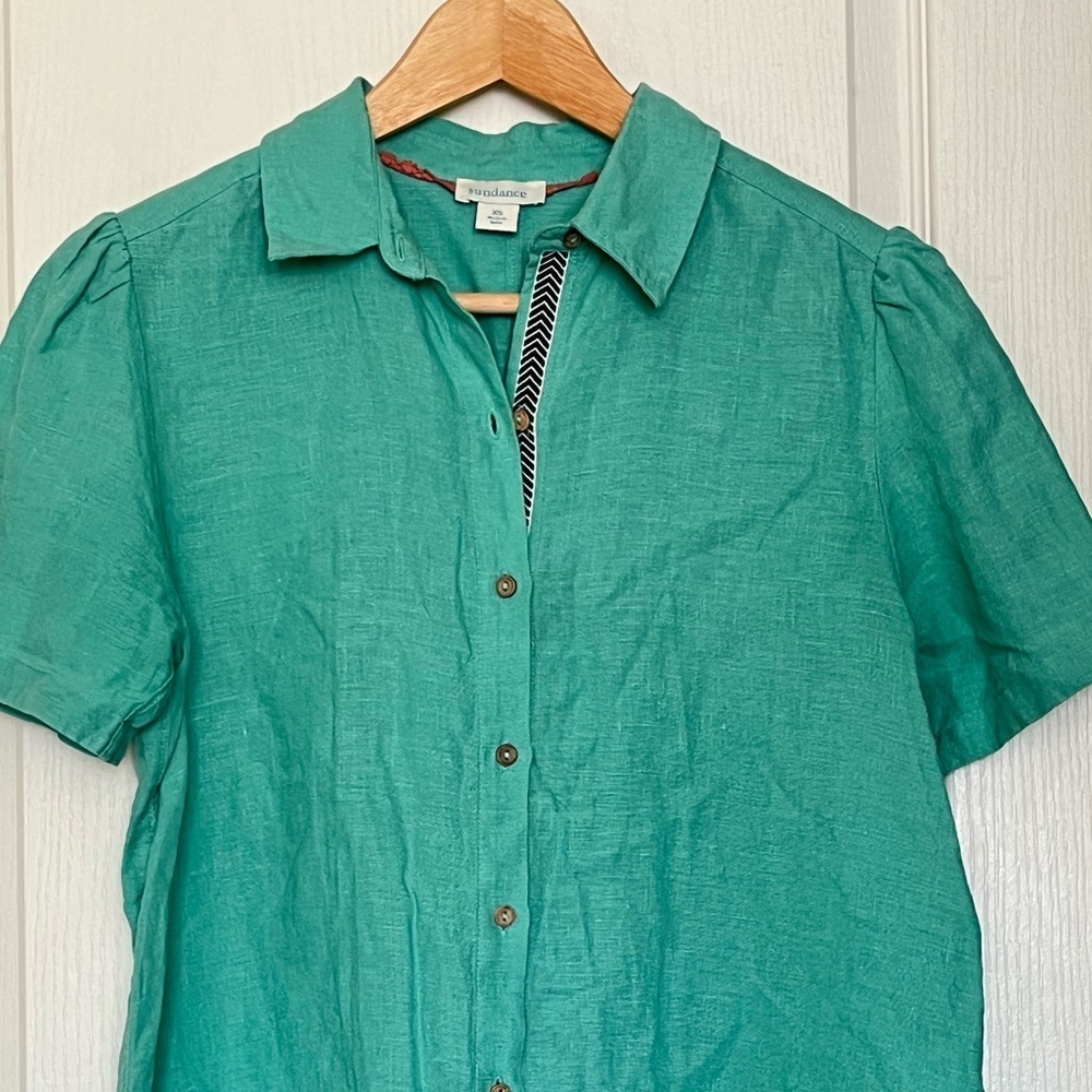 Sundance 100% Linen Mint Green Button Down Top XS Boho Coastal Grandma Eclectic - Picture 2 of 10
